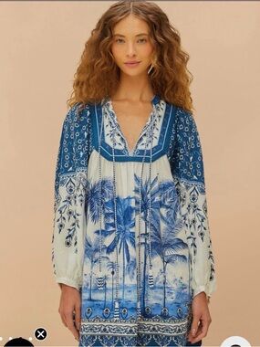 New With Tags FARM Rio Blue and White Palm-Print Peasant Dress